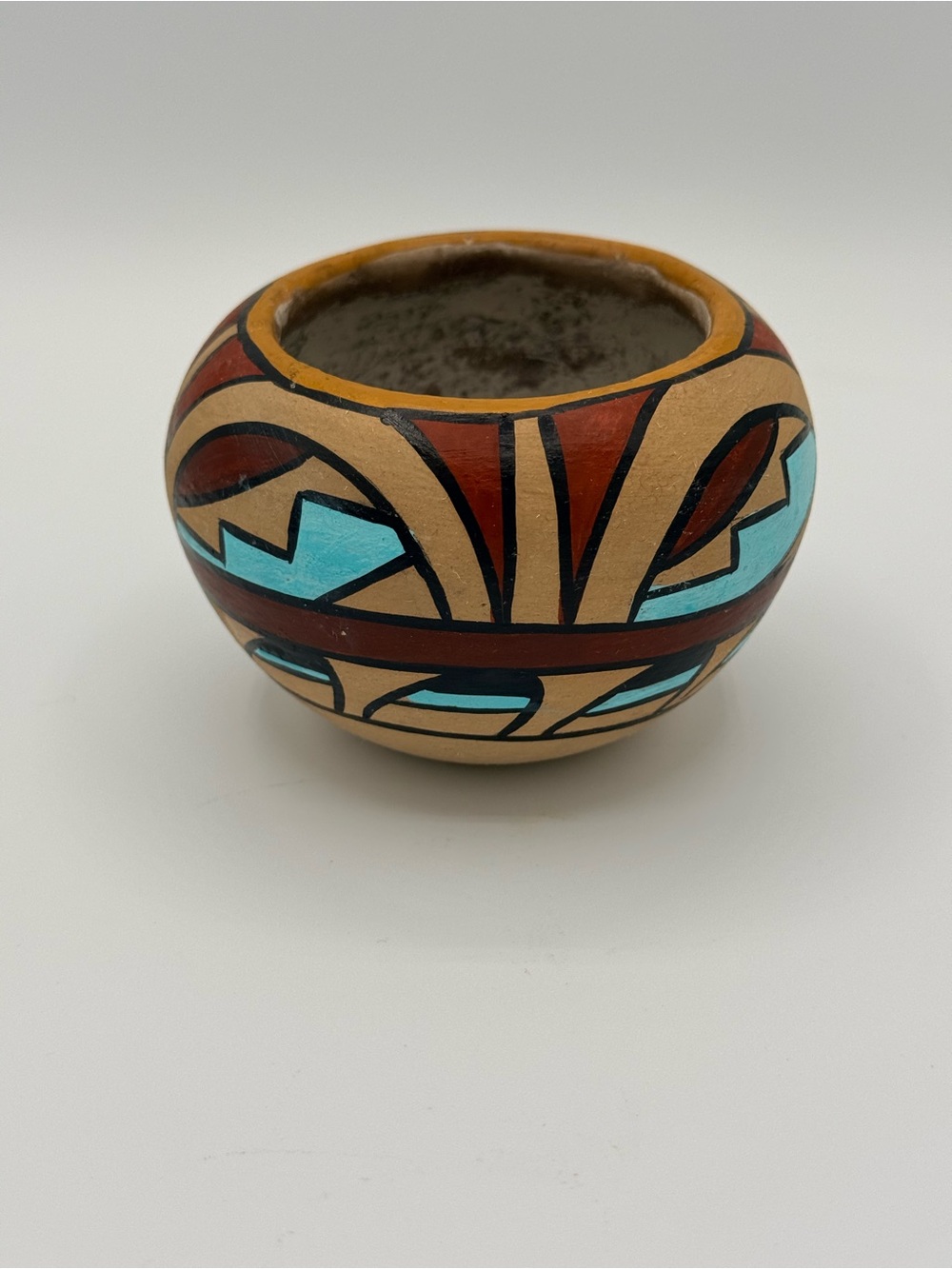 Jemez Pueblo Hand-Painted Southwestern Ceramic Pot with Turquoise Accents